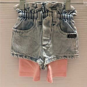 Vintage Little Girl Denim Short with pink shortie leggin. Y2K/90’s 2T. Made USA.